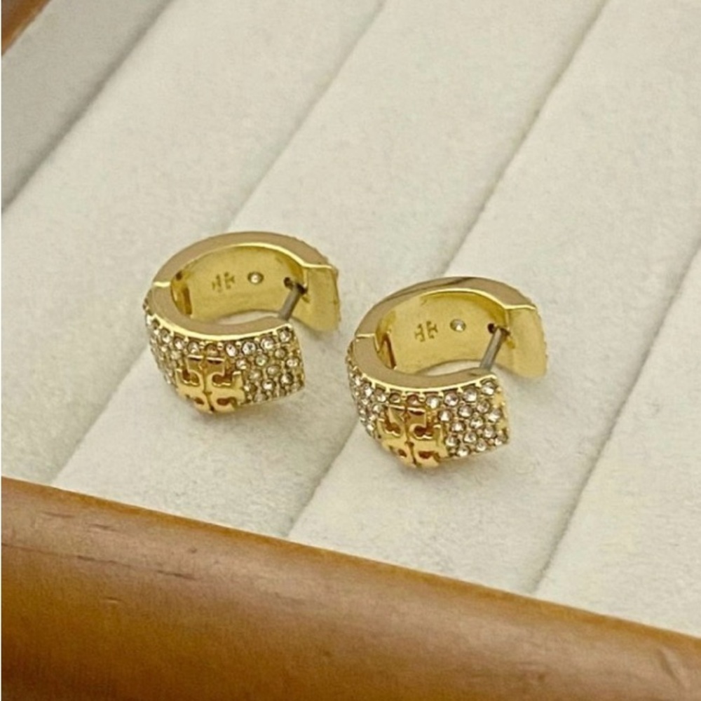 Tory Burch Gold Pave Logo Huggie Earrings